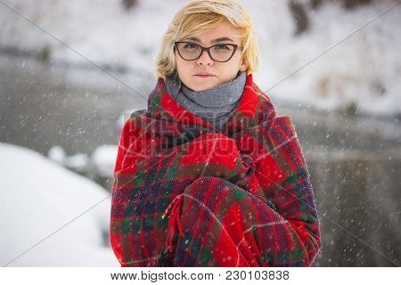 Soft Portrait Of Odd Lonely Girl Sitting In Winter Snowy Forest. Friendless Female Person With Sad E