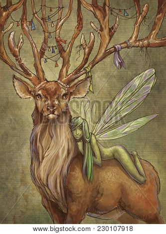 Green Fairy Sits On A Back Of Deer
