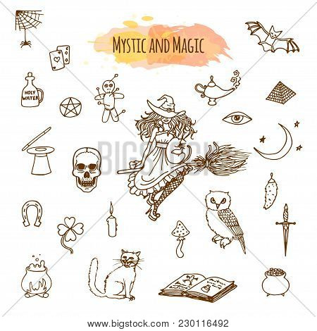 Magic Stuff In Doodle Style. Halloween Set. Sketch Elements For Spooky Holiday. Hand Dran
