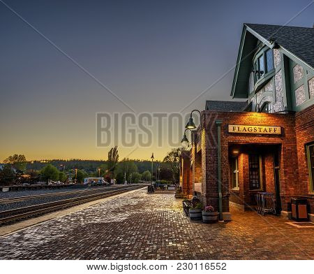 Flagstaff, Arizona, Usa - May 16, 2016 : Historic Train Station In Flagstaff At Sunset. It Is Locate