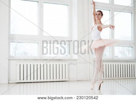 Gracefull ballerina in a dance studio.
