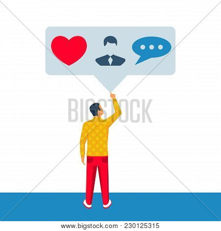 Social Media Bubble. Young Man In A Social Network. Friends Likes And Comments. Vector Illustration 