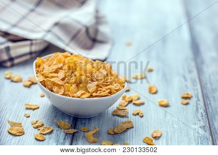 Cornflakes.  Dish Of Cornflakes On Kitchen Table