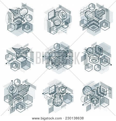Abstract Backgrounds With Isometric Lines, Vector Illustrations. Templates Made With Cubes, Hexagons