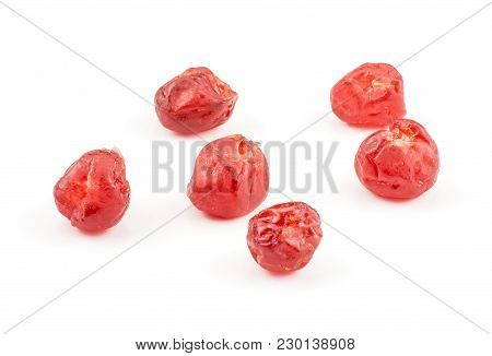 Six Red Dry Cherries Isolated On White Background