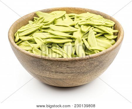Olive Leaves Spinach Pasta In A Wooden Bowl Isolated On White Background Raw
