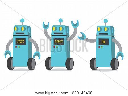 Creative Cartoon Vector Illustration Of Blue Robot On White Background. A Set Of Three Robots With D