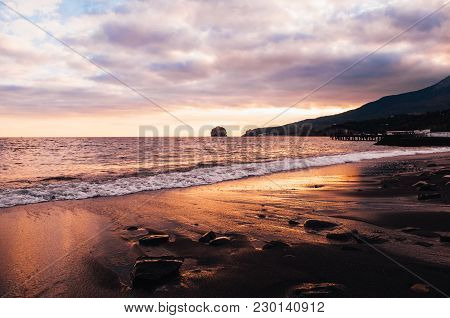 Scenic Landscape Sunset On The Beach Of The Black Sea Of Crimea