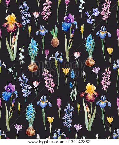 Beautiful Seamless Pattern With Watercolor Hand Drawn Springcrocuses Hyacinths Irises Flowers