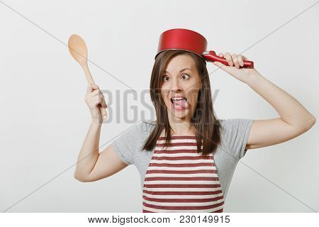 Young Smiling Crazy Housewife In Striped Apron, Gray T-shirt Isolated On White Background. Beautiful
