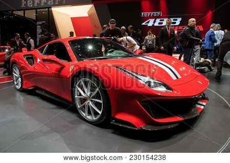 Geneva, Switzerland - March 6, 2018: Ferrari 488 Pista Sports Car Presented At The 88th Geneva Inter