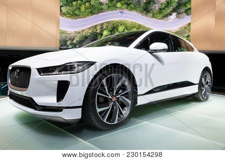 Geneva, Switzerland - March 6, 2018:  Jaguar I-pace Electric Suv Car Presented At The 88th Geneva In