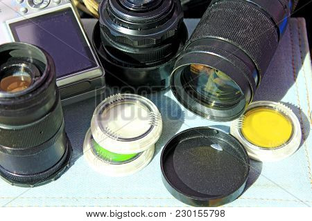 Photographic Lens Photofilters And Other Photo Accessories. Photoalbum. Retro Photo Objectives