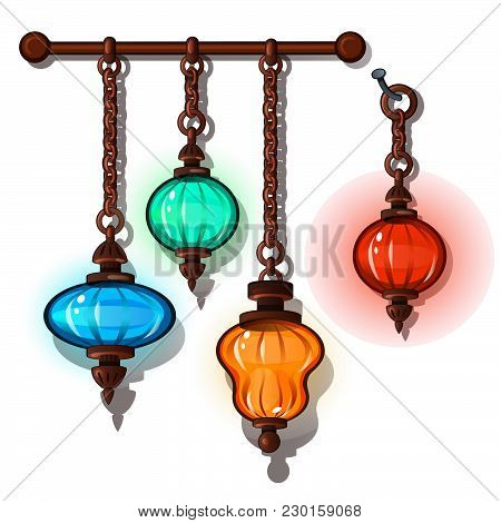 Colorful Lanterns On Chains. Vector Lamp Decoration.