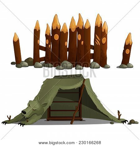 A Fence Of Wooden Barrels And The Tent Of The Skins Of The Bear. Vector Illustration.