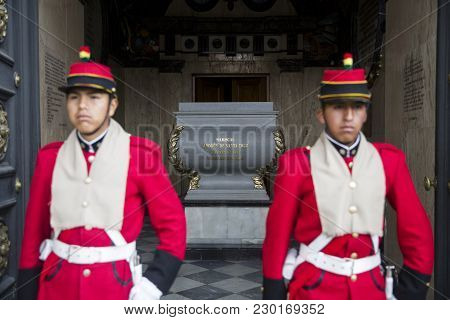 La Paz, Bolivia - January 12, 2018: Unidentified Soldiers At Mausoleum Of Marshal Andres De Santa Cr