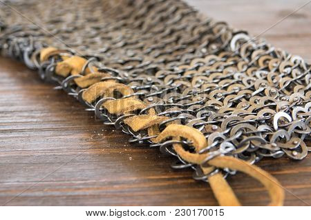 Flexible Leather Seam, To Join The Chainmail Of The Medieval Armor. With Flat Rings That Make Chain 