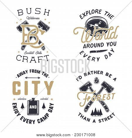 Vintage Hand Drawn Travel Logos And Emblems Set. Hiking Labels. Outdoor Adventure Inspirational Logo