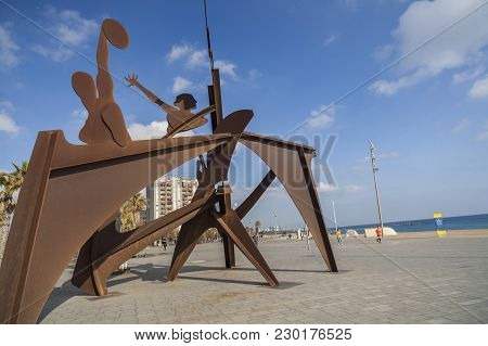 Barcelona,spain-december 9,2015: La Barceloneta, Maritime Promenade, Sculpture Tribute To Swimming B