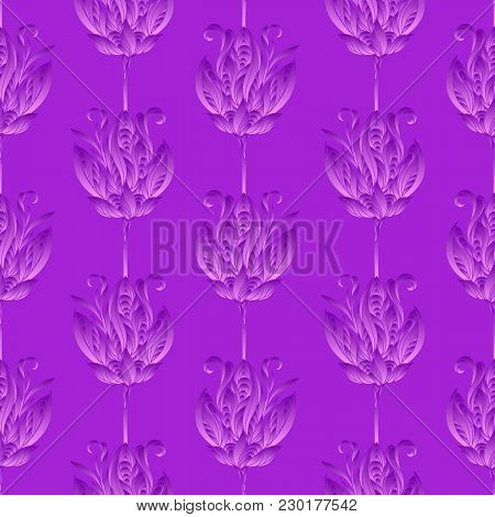 Seamless Floral Abstract Pattern. Colorful Silk Print Composed Of Pink Violet Flowers On Purple Back