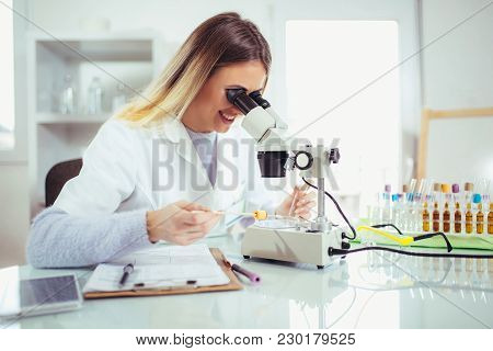 Young Scientist Looking Through A Microscope In A Laboratory. Young Scientist Doing Some Research.