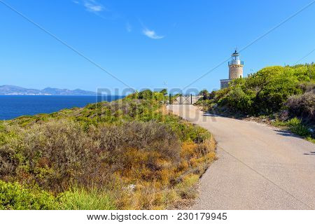 Lighthouse Of Keri Located At The Marathias Cape On Zakynthos Island In Greece. The Height Of The To