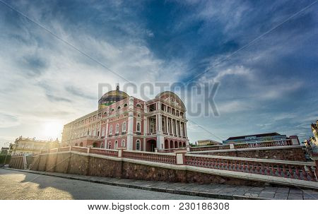 Manaus - Aug 9: Amazonas Theatre Facade On A Cloudy Day On August 9, 2014 In Manaus, Brazil. The Ope