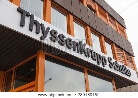 Nuernberg / Germany - March 4, 2018: German Steel Producer Thyssenkrupp Logo On Entrance Building.