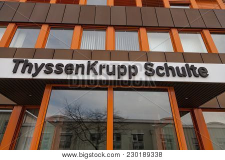 Nuernberg / Germany - March 4, 2018: German Steel Producer Thyssenkrupp Logo On Entrance Building.