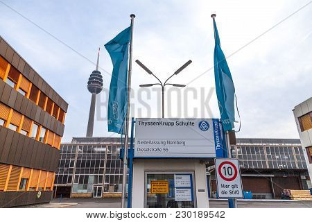Nuernberg / Germany - March 4, 2018: German Steel Producer Thyssenkrupp Logo On Entrance Building.