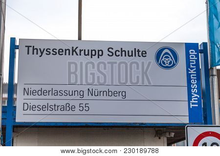 Nuernberg / Germany - March 4, 2018: German Steel Producer Thyssenkrupp Logo On Entrance Building.