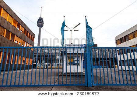 Nuernberg / Germany - March 4, 2018: German Steel Producer Thyssenkrupp Logo On Entrance Building.