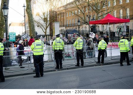Protesters Gather Outside Downing Street, London, United Kingdom