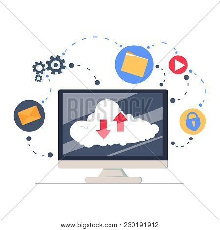 Cloud Services And Technology, Storage Solution, Data Exchange, Online Network Concept. Flat Vector 