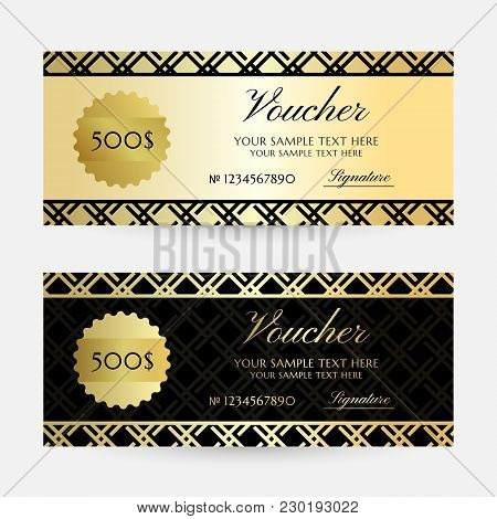 Gold Gride. Gift Vouchers Template Collection. Vector Decorative Horizontal  Flayers