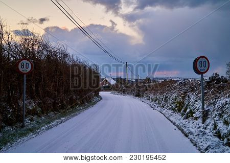 Icy Winter Road In Bannow County Wexford Ireland In March 2018.