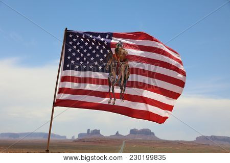 Oljato-monument Valley, Arizona, Usa - July 06, 2017: Flag Of Indigenous Navajo Indians Against The 