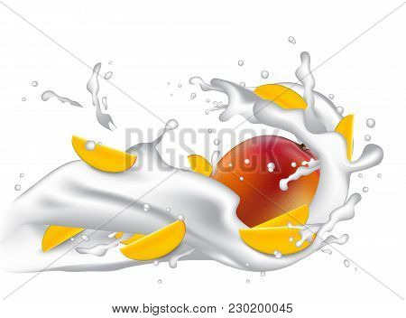 Milk Splash 3d Illustration With Slices Of Mango, Peach, Apricot, Nectarine, Apple.  Cream Pouring W
