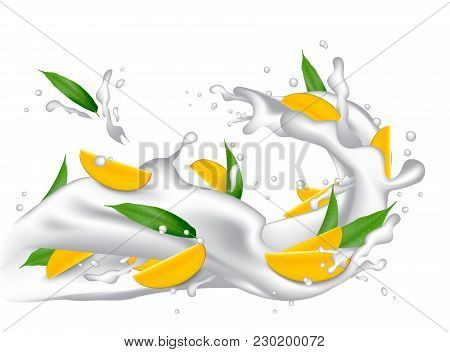 Milk Splash 3d Illustration With Slices Of Mango, Peach, Apricot, Nectarine, Apple.  Cream Pouring W