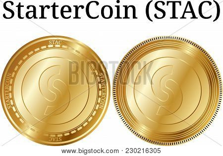 Set Of Physical Golden Coin Startercoin (stac), Digital Cryptocurrency. Startercoin (stac) Icon Set.