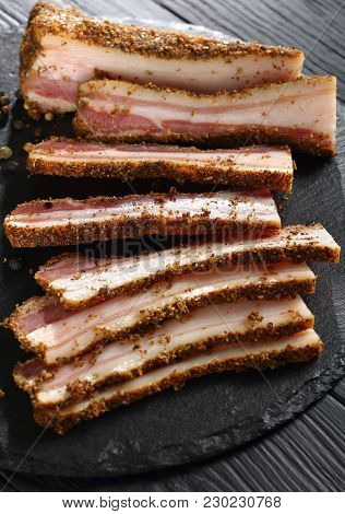 Close-up Of Delicious Spicy Smoked Speck