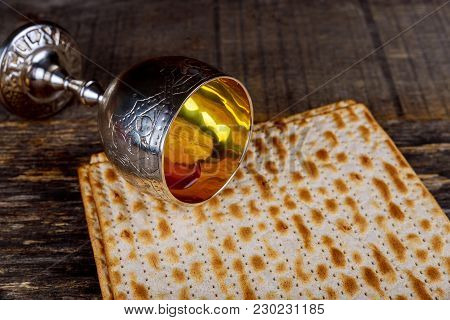 Jewish Matzah On Decorated Silver Wine Cup With Matzah, Jewish Symbols For The Passover Pesach Holid