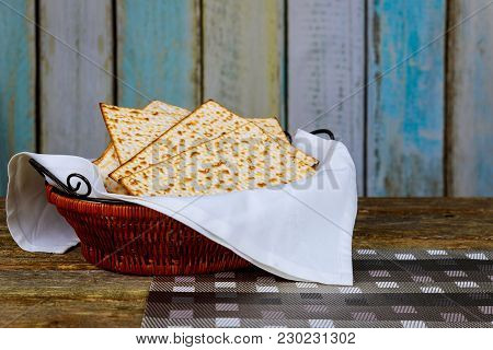Pesach Passover Symbols Of Great Jewish Holiday. Traditional Matzoh, Matzah Or Matzo. Retro Style