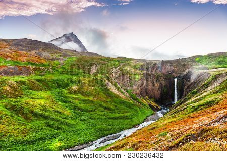 Beautiful Waterfall On The Disco Island, Western Greenland