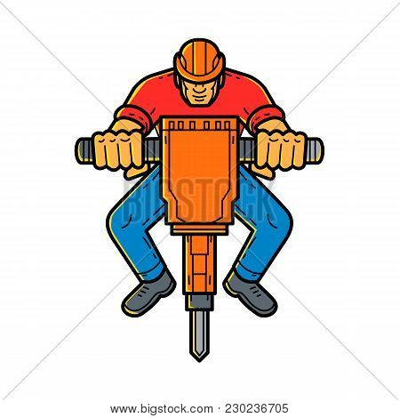 Mono Line Illustration Of A Construction Worker Operating Jackhammer, Pneumatic Drill Or Demolition 
