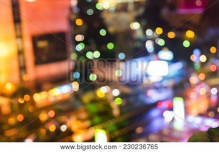 Abstract Blurred Night Life Light Bokeh In City. Colorful Playful And Fun Bokeh Concept