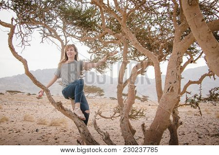 Pretty Girl Have Fun On A Tree In The Desert In A Day