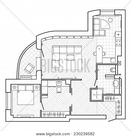 Architectural Plan Of A House In Top View. Floor Plan With Furniture. Interior Design Icons Set For 