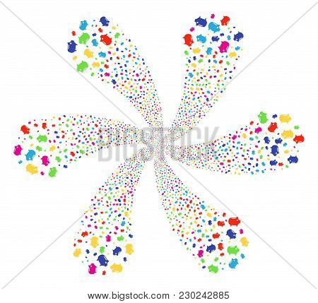 Attractive Piggy Bank Centrifugal Abstract Flower. Suggestive Flower Created From Scattered Piggy Ba