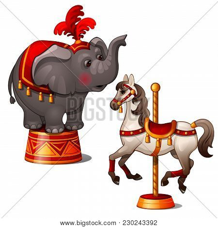 Circus Elephant And Rocking Horse Isolated On White Background. Vector Cartoon Close-up Illustration
